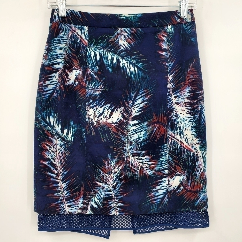 Club Monaco Alessandra Navy Palm Leaf Print Mesh-Trim Pencil Skirt
